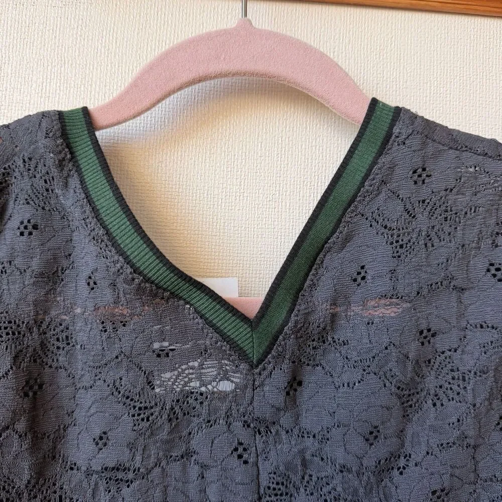 Free People Lace Long Sleeve Top XS Gray V-Neck Sheer Stretch Nylon Green Trim